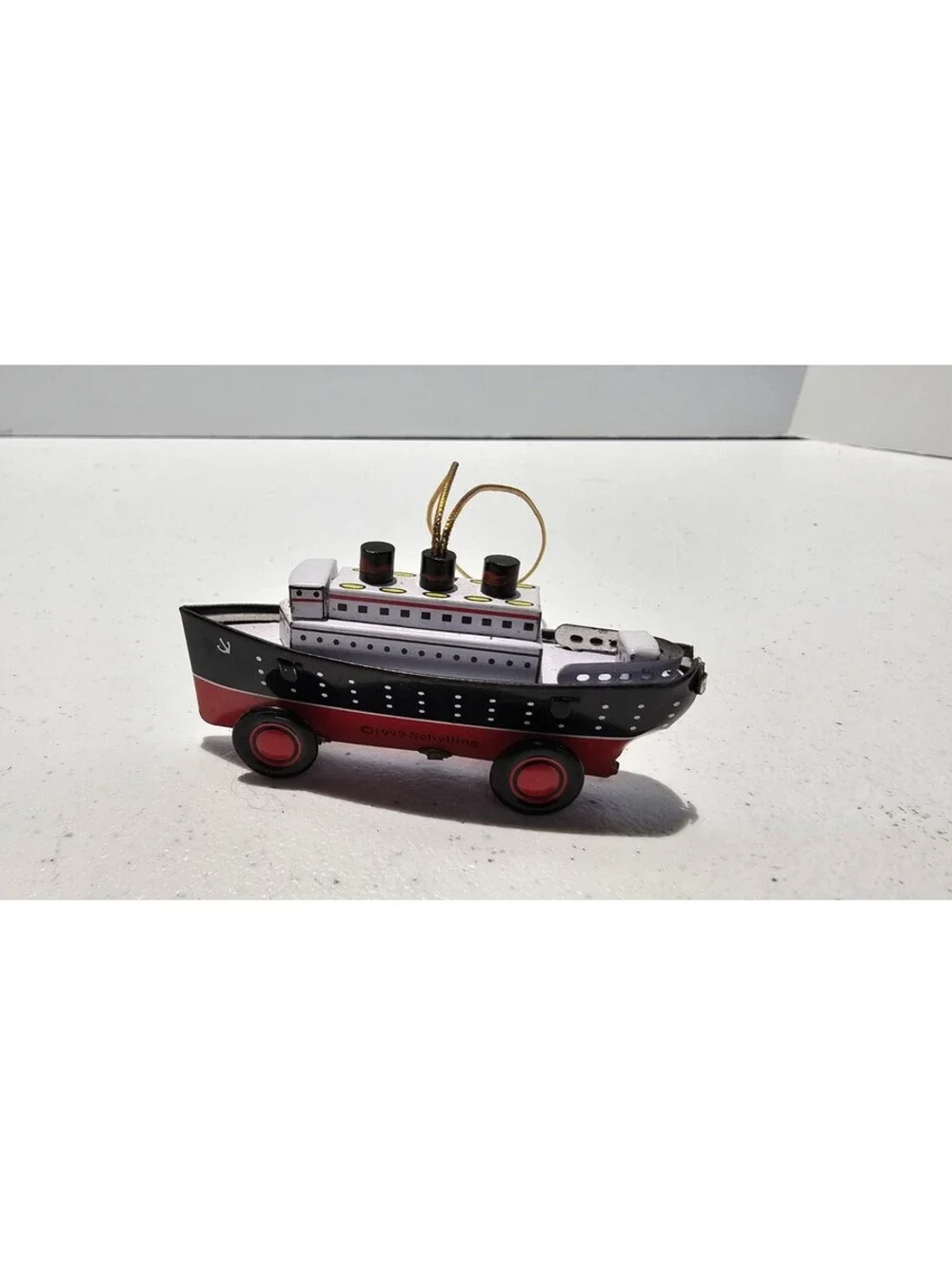 Vintage 1999 Schylling Tin Toy Ocean Liner Ship Christmas Ornament Wheels